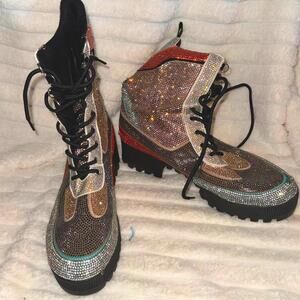 Women's Rhinestone Combat Boot Military Color Block Lace Up Size 10 Cape Robbin